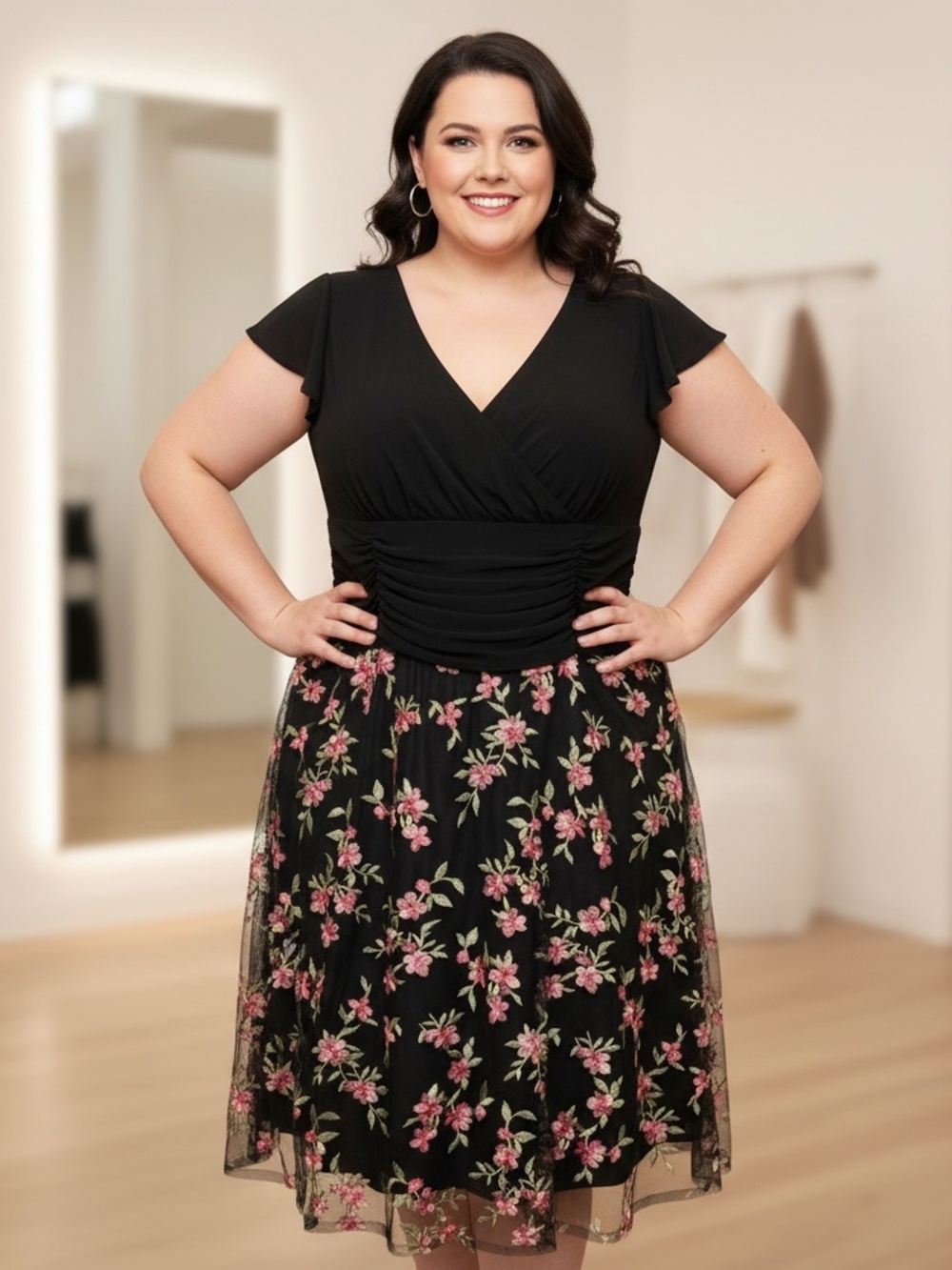 Jessica Howard Black Floral V-Neck Flutter-Sleeve Mesh Midi Dress - Plus Size